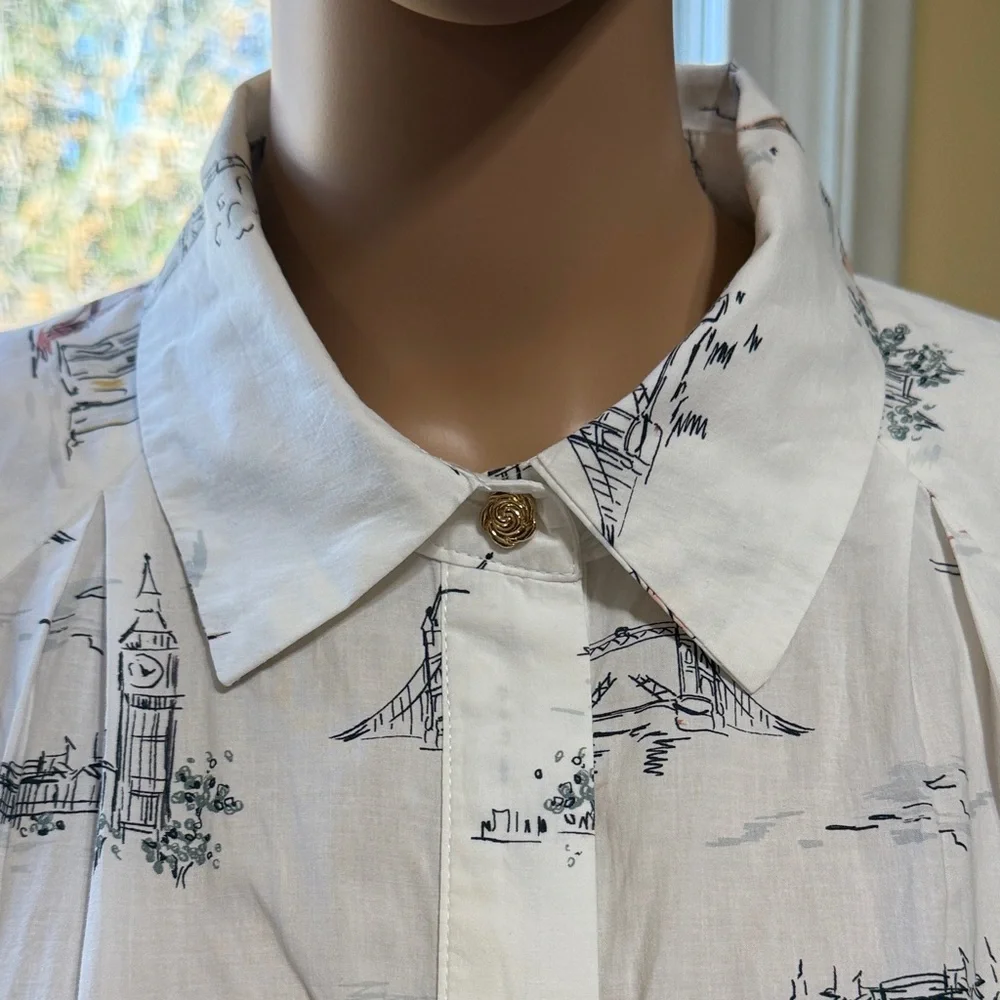 En Saison Travel Print Dress with Puff Sleeves, Tie Waist, Medium - Picture 2 of 13